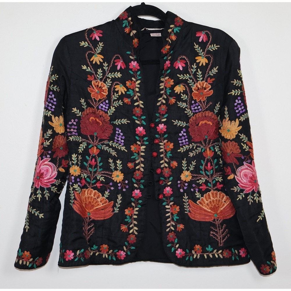 Anu By Natural Jacket Small Black Silk Floral Embroidered Mandarin Collar